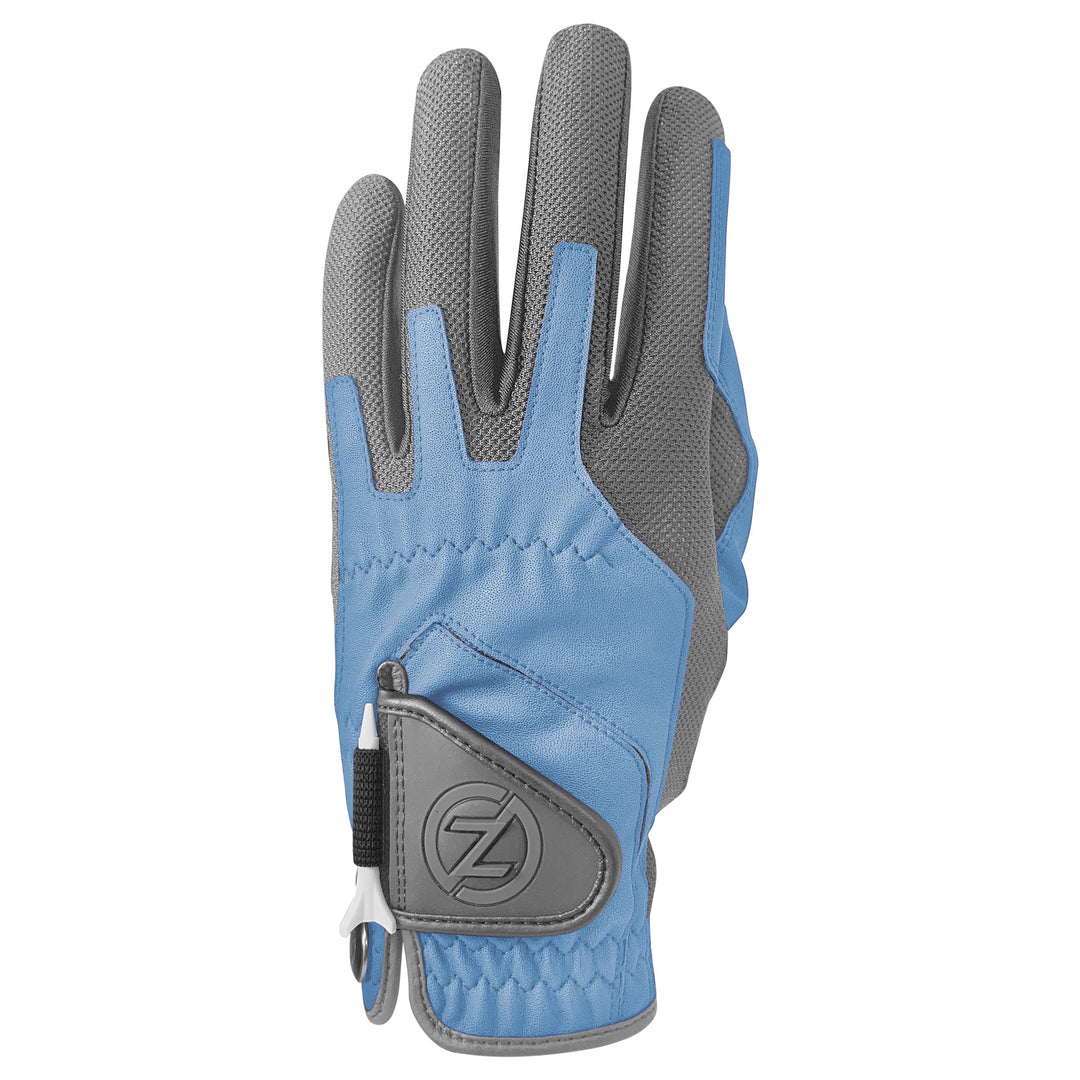 Blue and gray glove with a brand logo on a white background