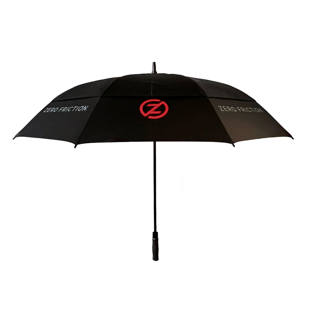 Zero Friction black golf umbrella with red logo and white branding, featuring a sturdy handle and wide canopy.
