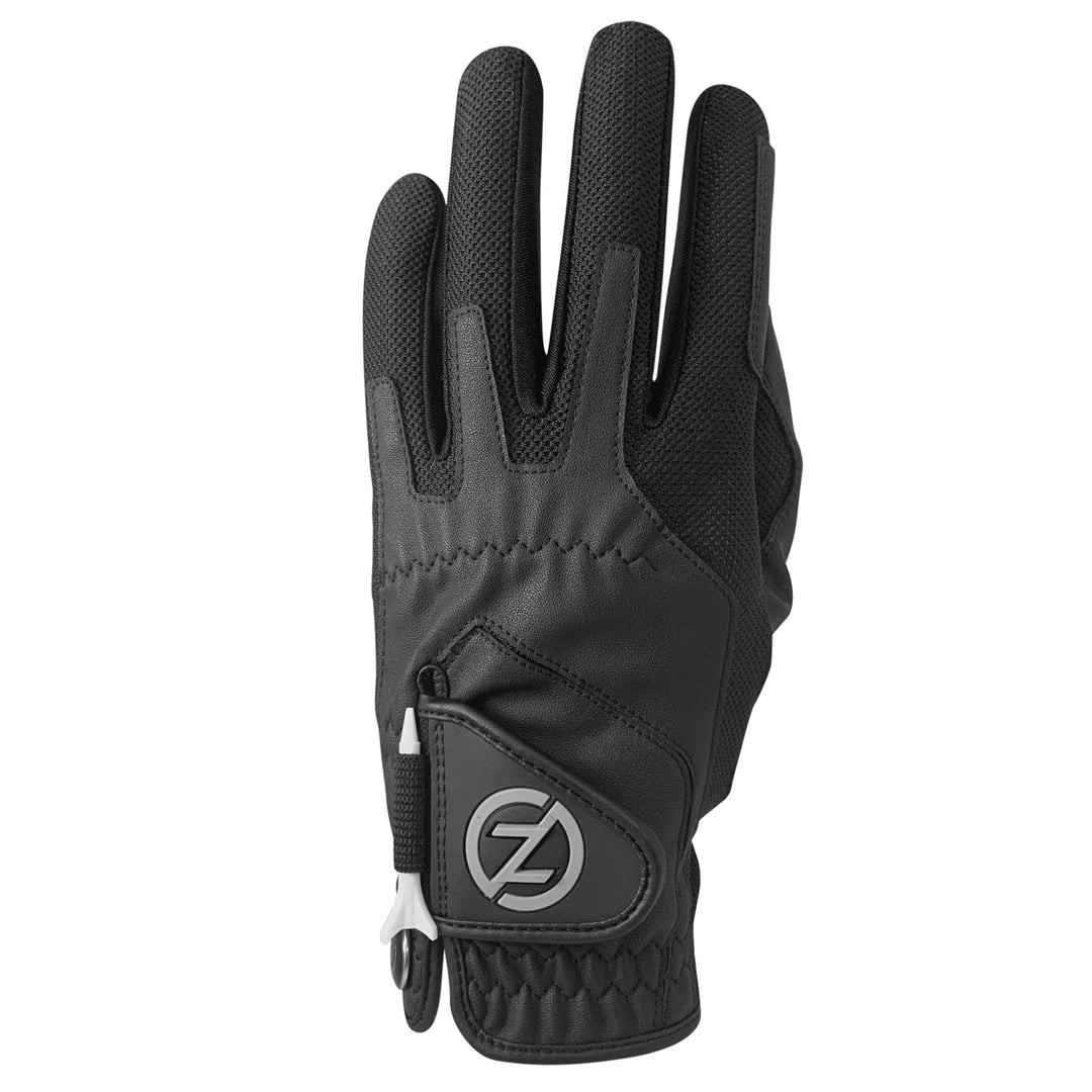 Zero Friction black performance golf glove with breathable mesh panels, reinforced palm, and integrated tee holder.