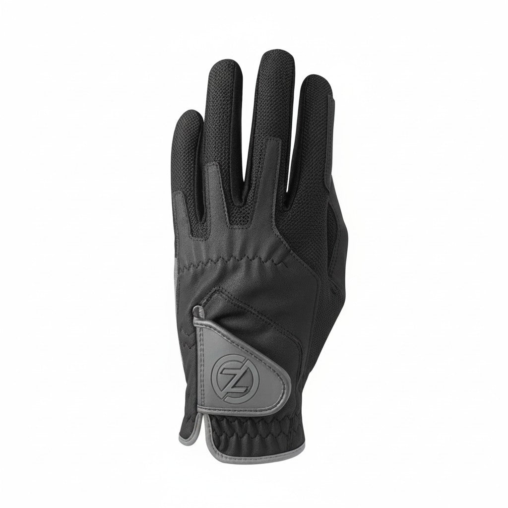 Zero Friction men's black performance golf glove with breathable mesh panels and adjustable closure with tee holder