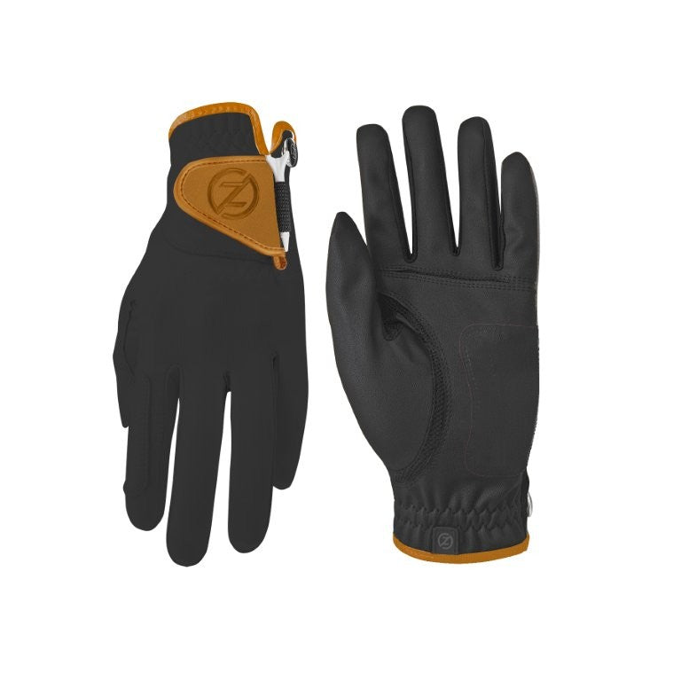 Zero Friction Victory Tour golf gloves in black with orange trim, featuring durable lambskin and adjustable closure.