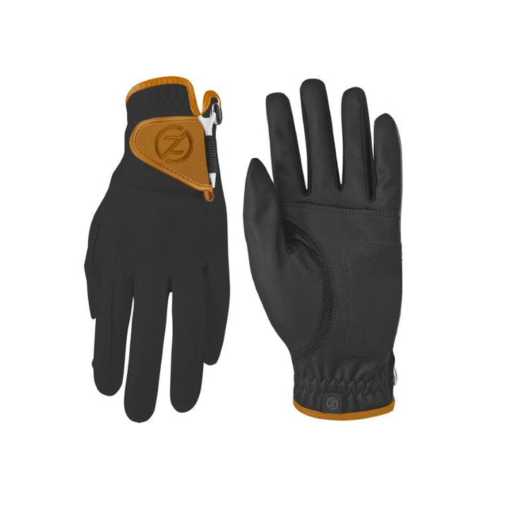 Zero Friction Victory Tour golf gloves in black with orange trim, featuring durable lambskin and adjustable closure.