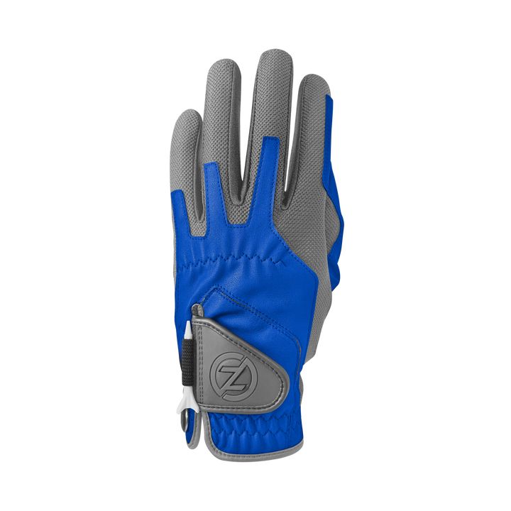 Zero Friction performance golf glove in blue and grey synthetic leather with mesh panels and integrated tee holder