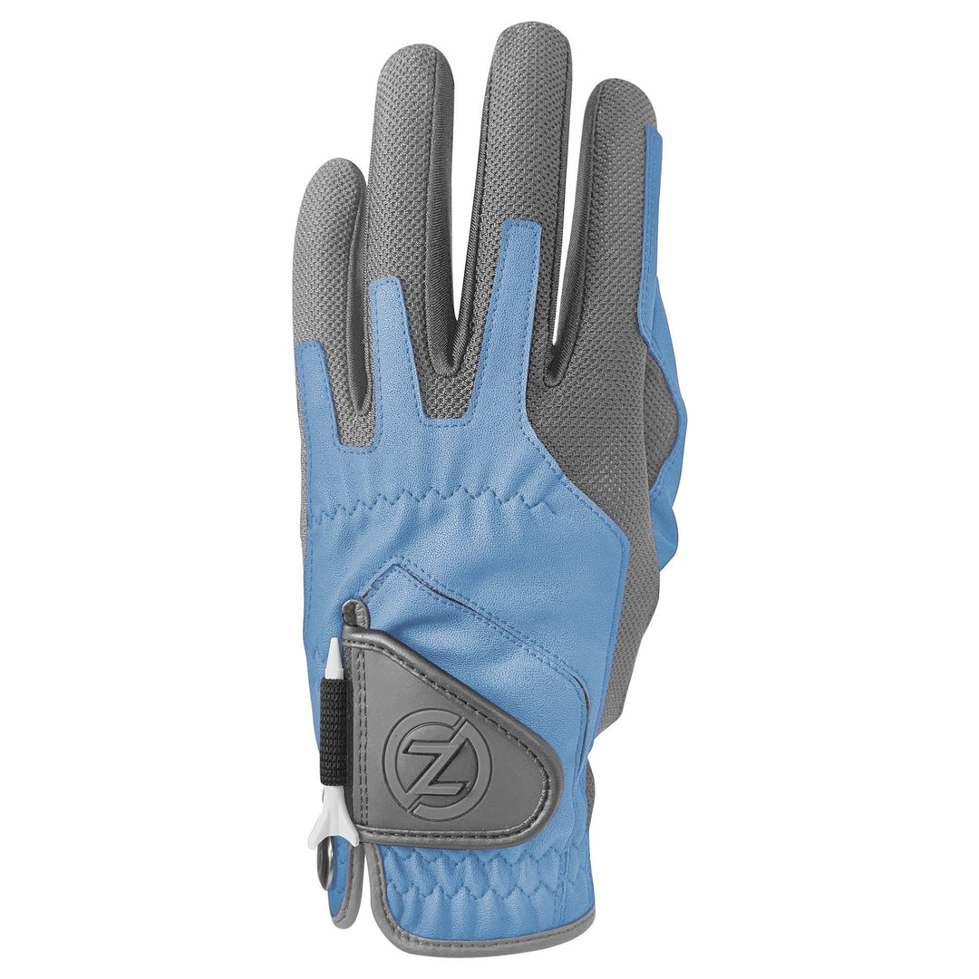 Zero Friction performance golf glove in blue and grey with synthetic leather, mesh panels, and integrated tee holder.