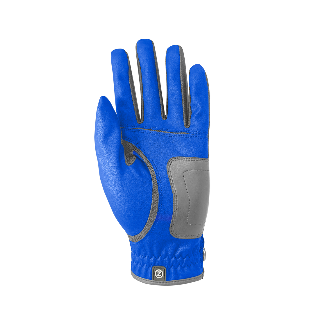 Zero Friction performance golf glove in vibrant blue with grey synthetic leather palm patch and breathable mesh panels
