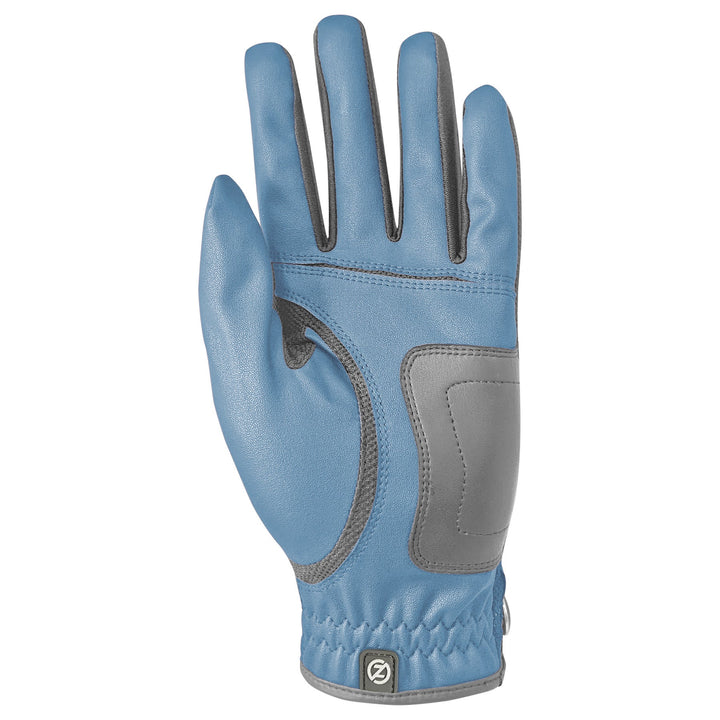 Zero Friction performance golf glove in blue synthetic leather with grey reinforced palm patch and mesh detailing