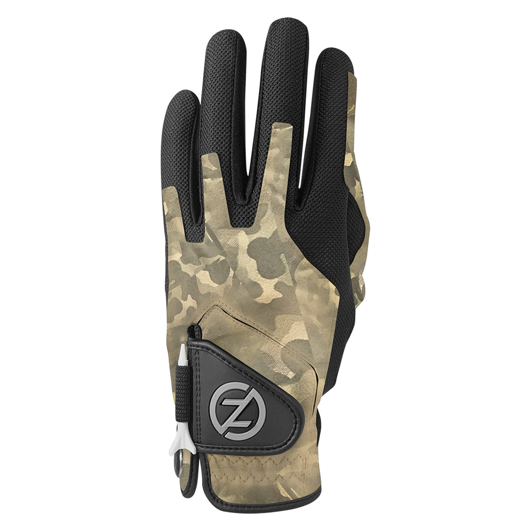 Zero Friction performance golf glove in tan camo and black mesh with an integrated tee holder on the wrist closure.