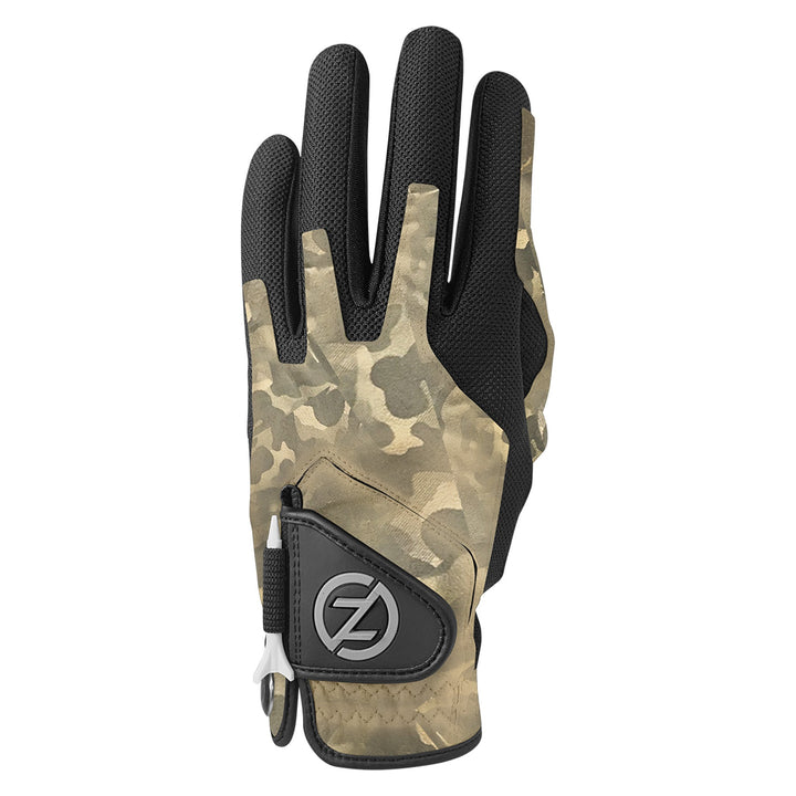 Zero Friction performance golf glove in tan camo and black mesh with an integrated tee holder on the wrist closure.