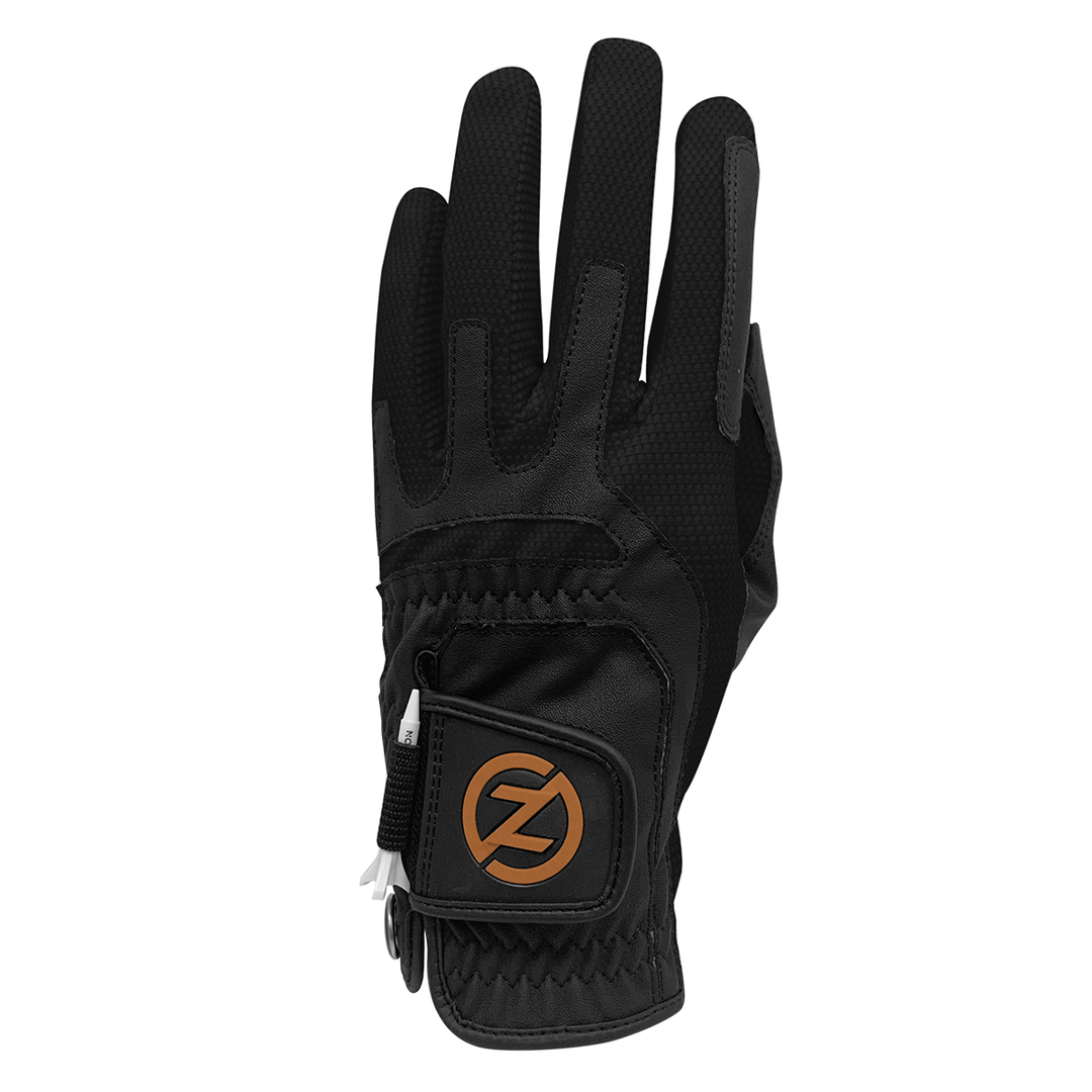 Zero Friction Copperflex black golf glove with copper-infused spandex, ball marker, and leather grip patch