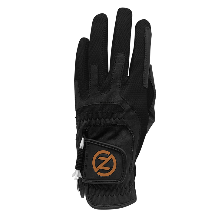 Zero Friction Copperflex black golf glove with copper-infused spandex, ball marker, and leather grip patch