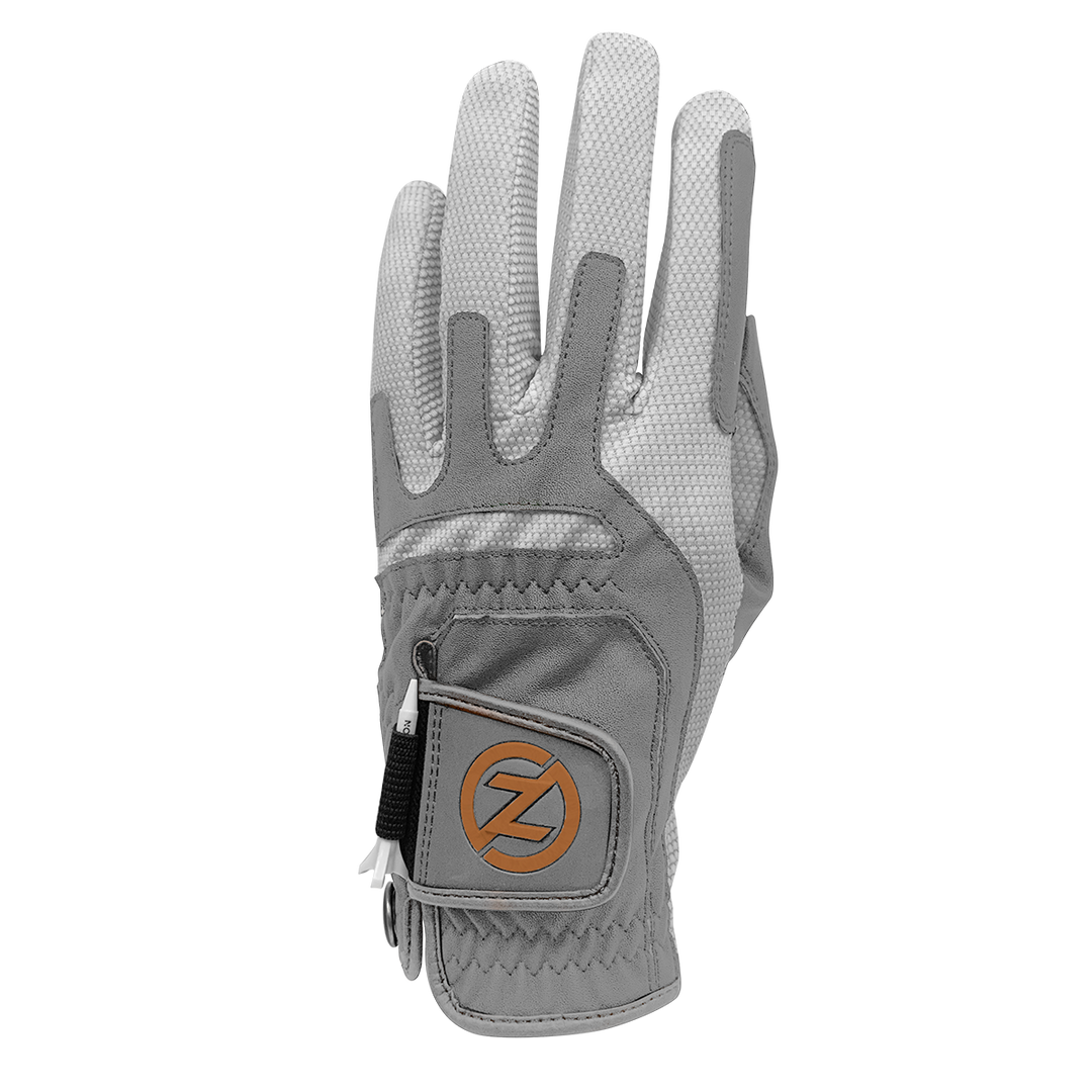 Zero Friction Copperflex golf glove in grey with copper-infused spandex, leather palm patch, and ball marker.