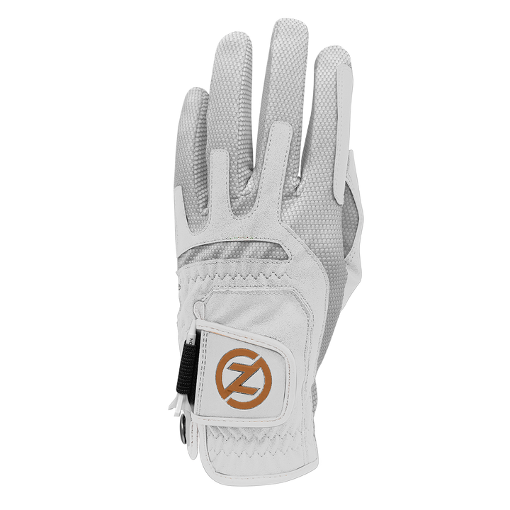 Zero Friction Copperflex golf glove in white with copper-infused spandex, leather palm, and ball marker attachment.