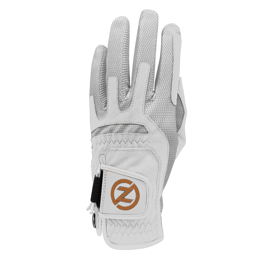 Zero Friction Copperflex golf glove in white with copper-infused spandex, leather palm, and ball marker attachment.