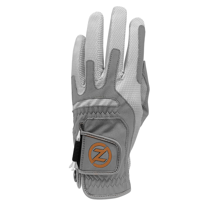Zero Friction Copperflex golf glove in grey with copper-infused spandex, leather palm patch, and ball marker.