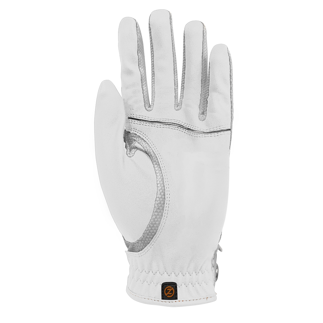 Zero Friction Copperflex white golf glove with Cabretta leather palm and copper-infused spandex for hand support.