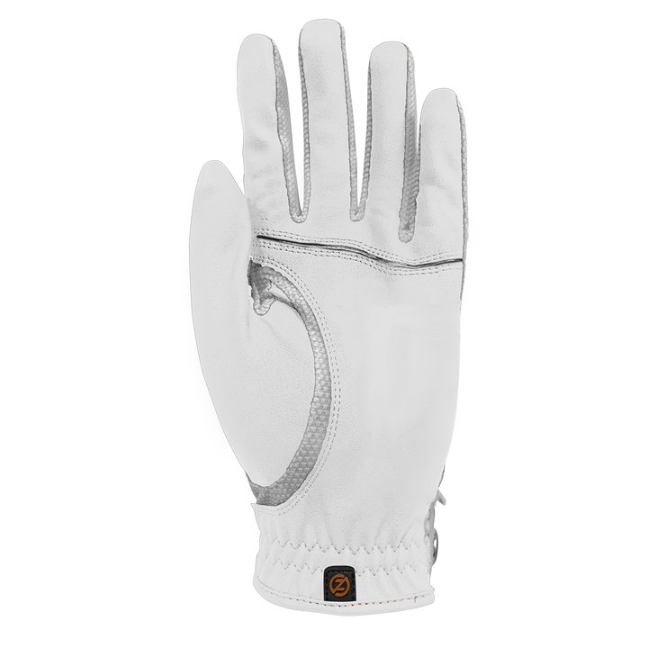 Zero Friction Copperflex white golf glove with Cabretta leather palm and copper-infused spandex for hand support.
