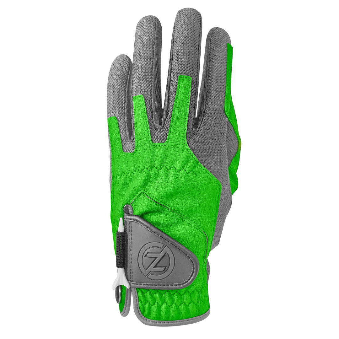 Zero Friction performance golf glove in bright green and grey with synthetic leather, mesh panels, and a tee holder.