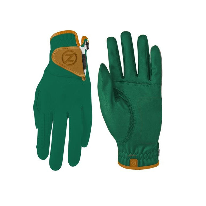 Zero Friction performance golf glove in green with tan leather accents and an integrated tee holder