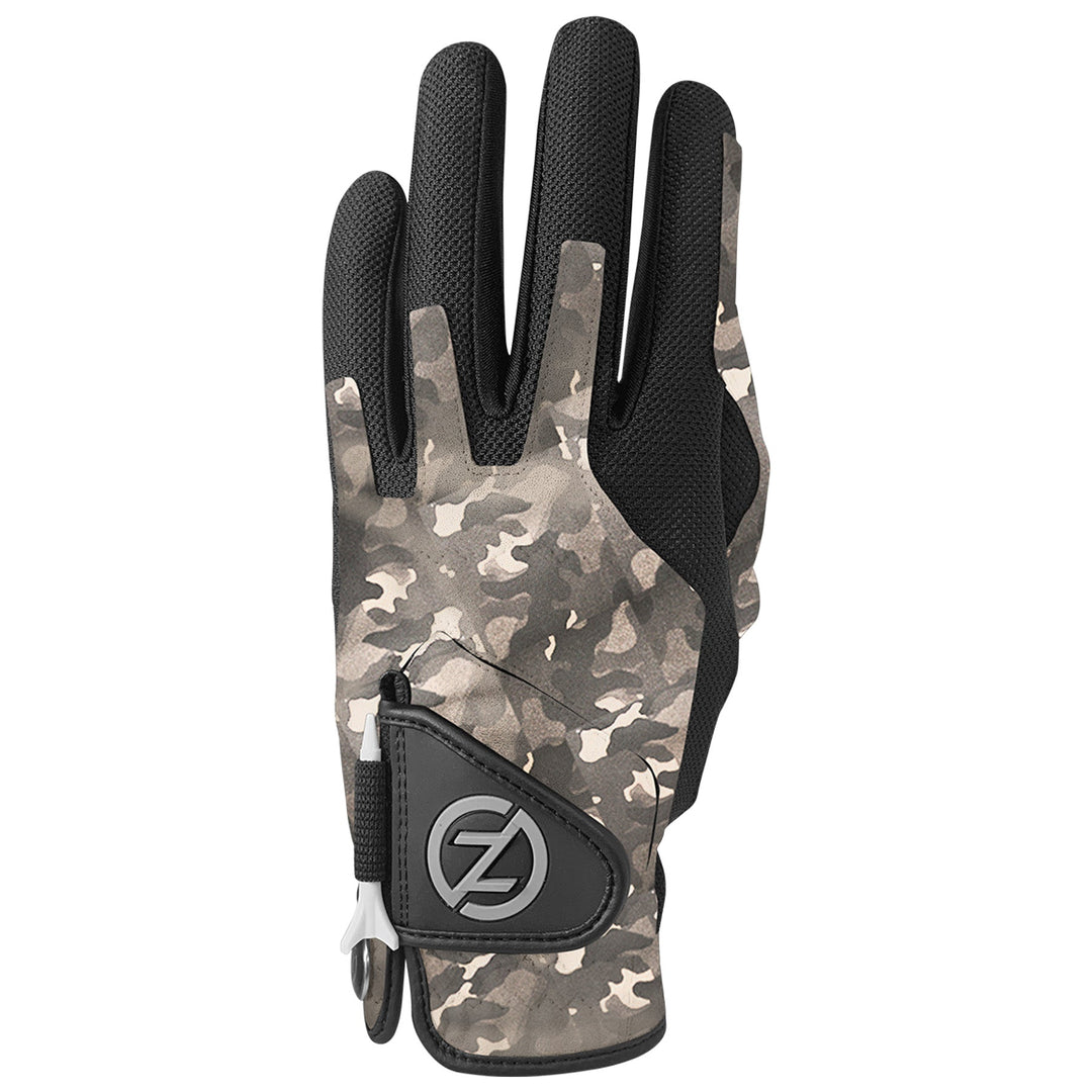 Zero Friction performance golf glove in grey camo print with black mesh panels and an integrated tee holder