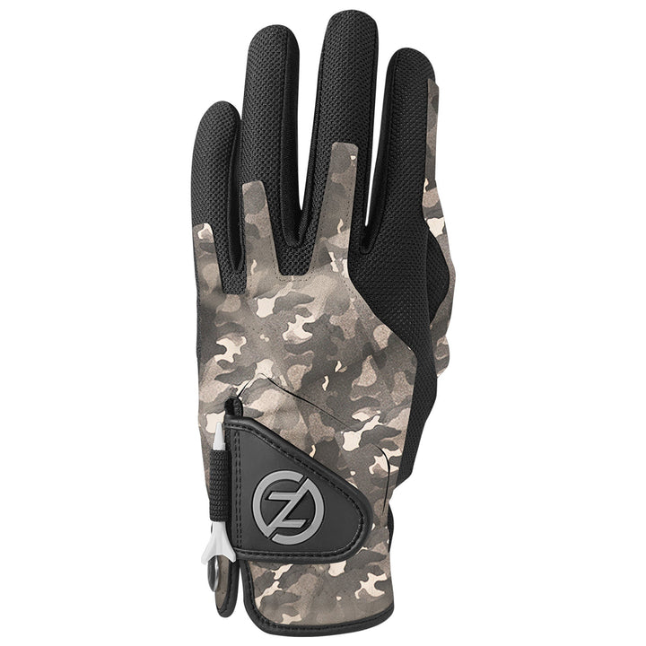 Zero Friction performance golf glove in grey camo print with black mesh panels and an integrated tee holder
