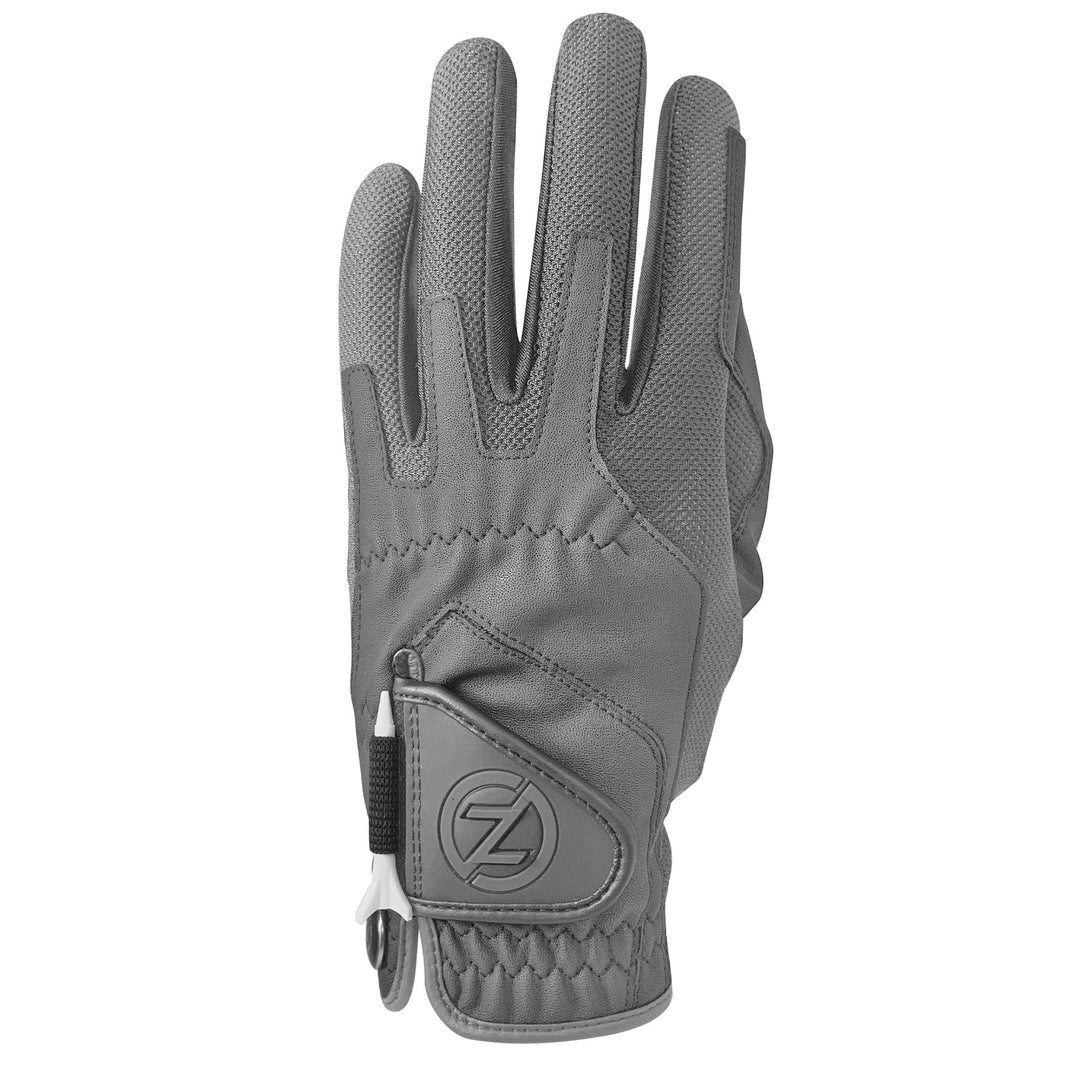 Zero Friction grey performance golf glove with breathable mesh, synthetic leather, and integrated tee holder