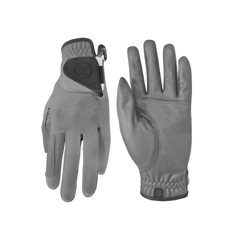 Zero Friction grey performance golf glove featuring a secure adjustable closure and durable lambskin construction