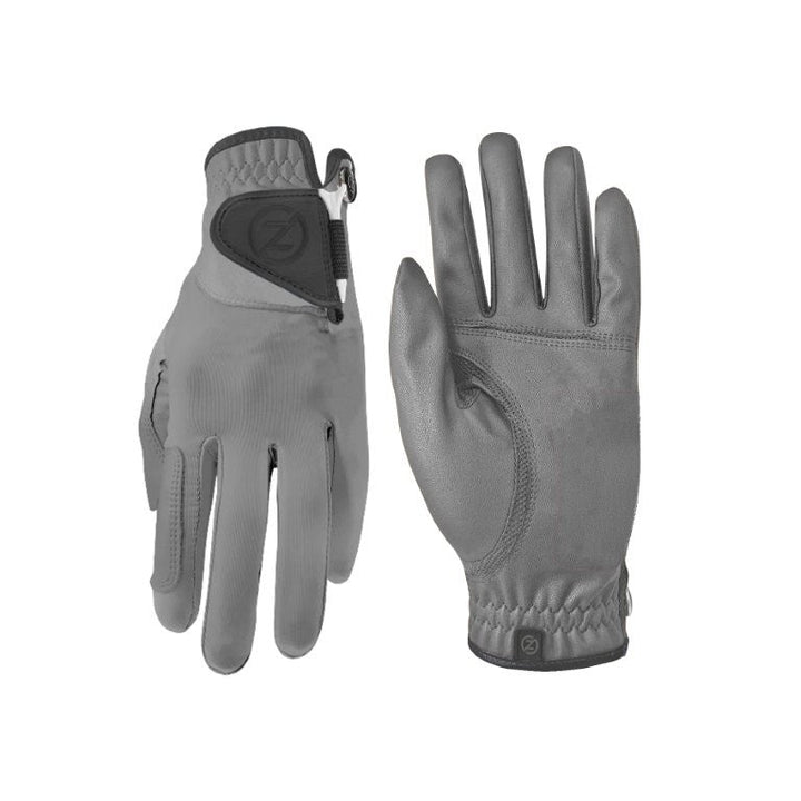 Zero Friction grey performance golf glove featuring a secure adjustable closure and durable lambskin construction