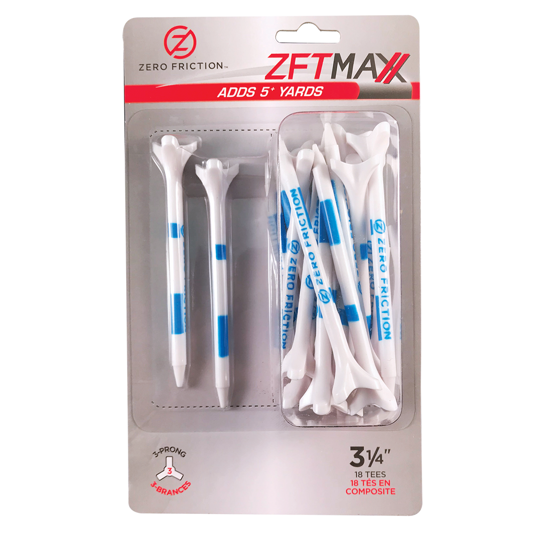 Zero Friction ZFT Maxx 3-prong white golf tees with blue striping in 18-count retail packaging