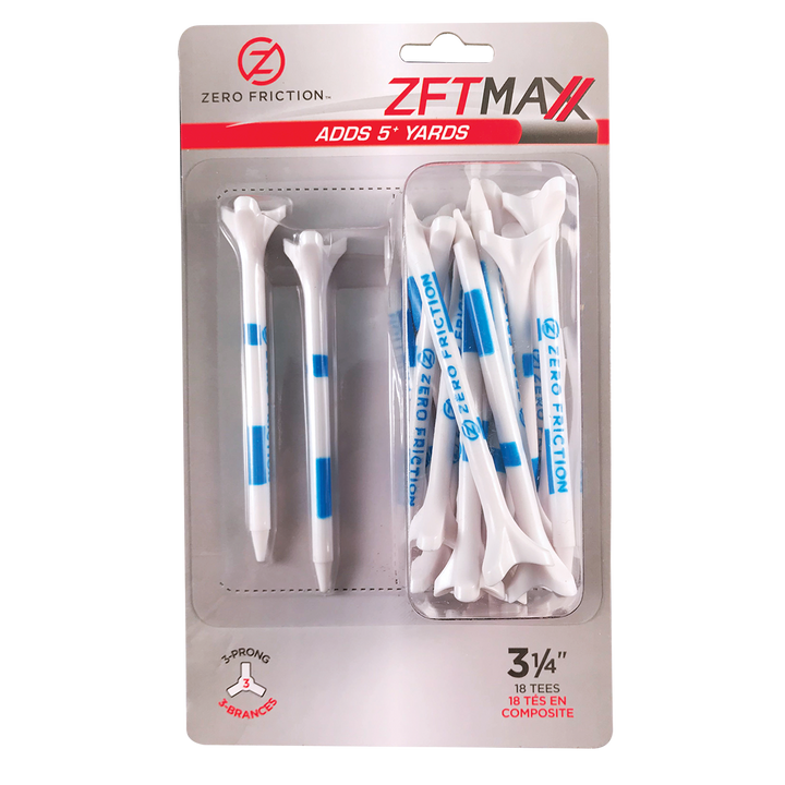 Zero Friction ZFT Maxx 3-prong white golf tees with blue striping in 18-count retail packaging