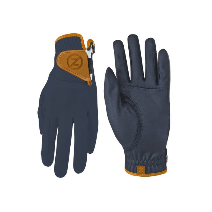 Zero Friction performance golf glove in navy blue with tan leather accents and an adjustable closure
