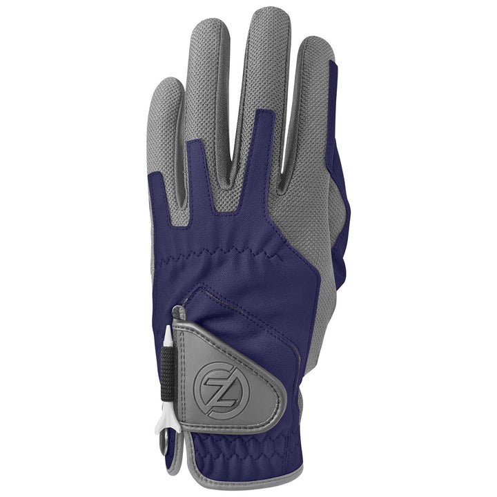 Zero Friction performance golf glove in navy blue and grey with breathable mesh and integrated tee holder
