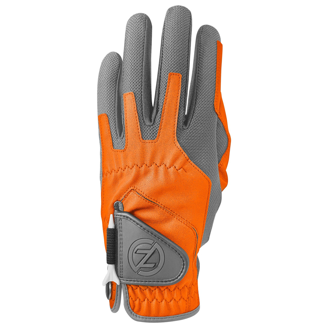 Zero Friction performance golf glove in bright orange and grey with a mesh back and integrated tee holder