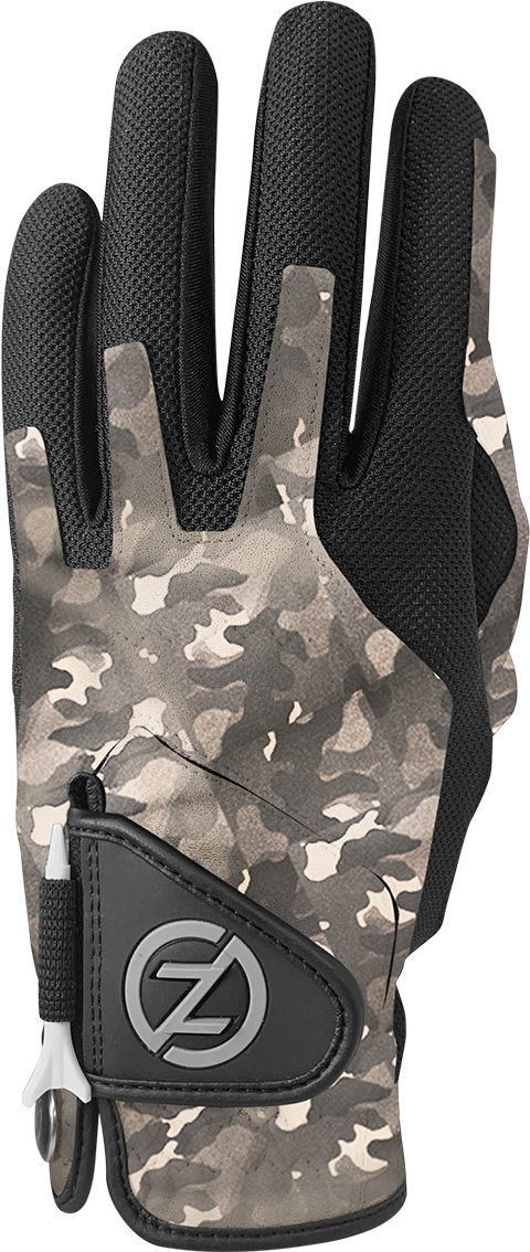 Zero Friction performance golf glove in grey camo print with black mesh panels and integrated tee holder on closure