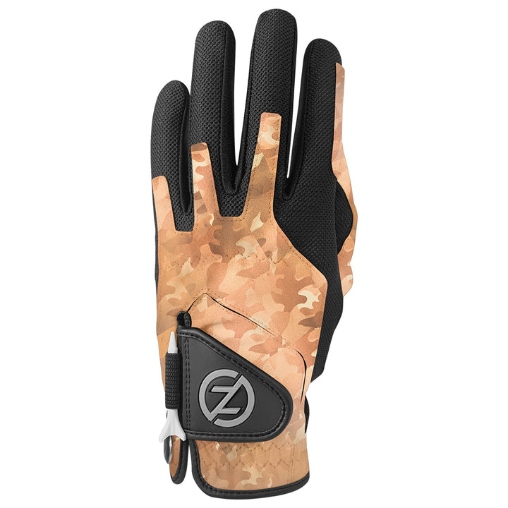 Zero Friction performance golf glove in tan camo and black with an integrated tee holder on the adjustable wrist tab