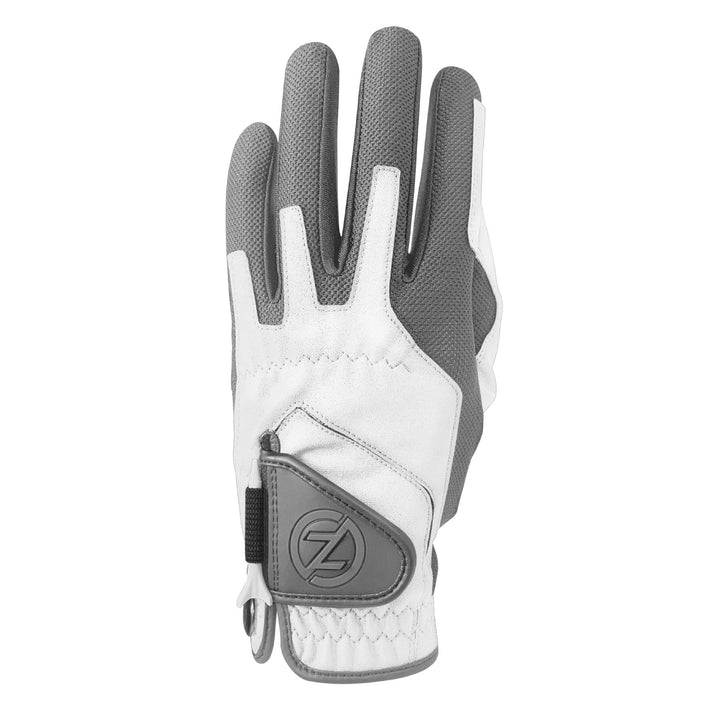 Zero Friction performance golf glove in white and grey with breathable mesh panels and an integrated tee holder.