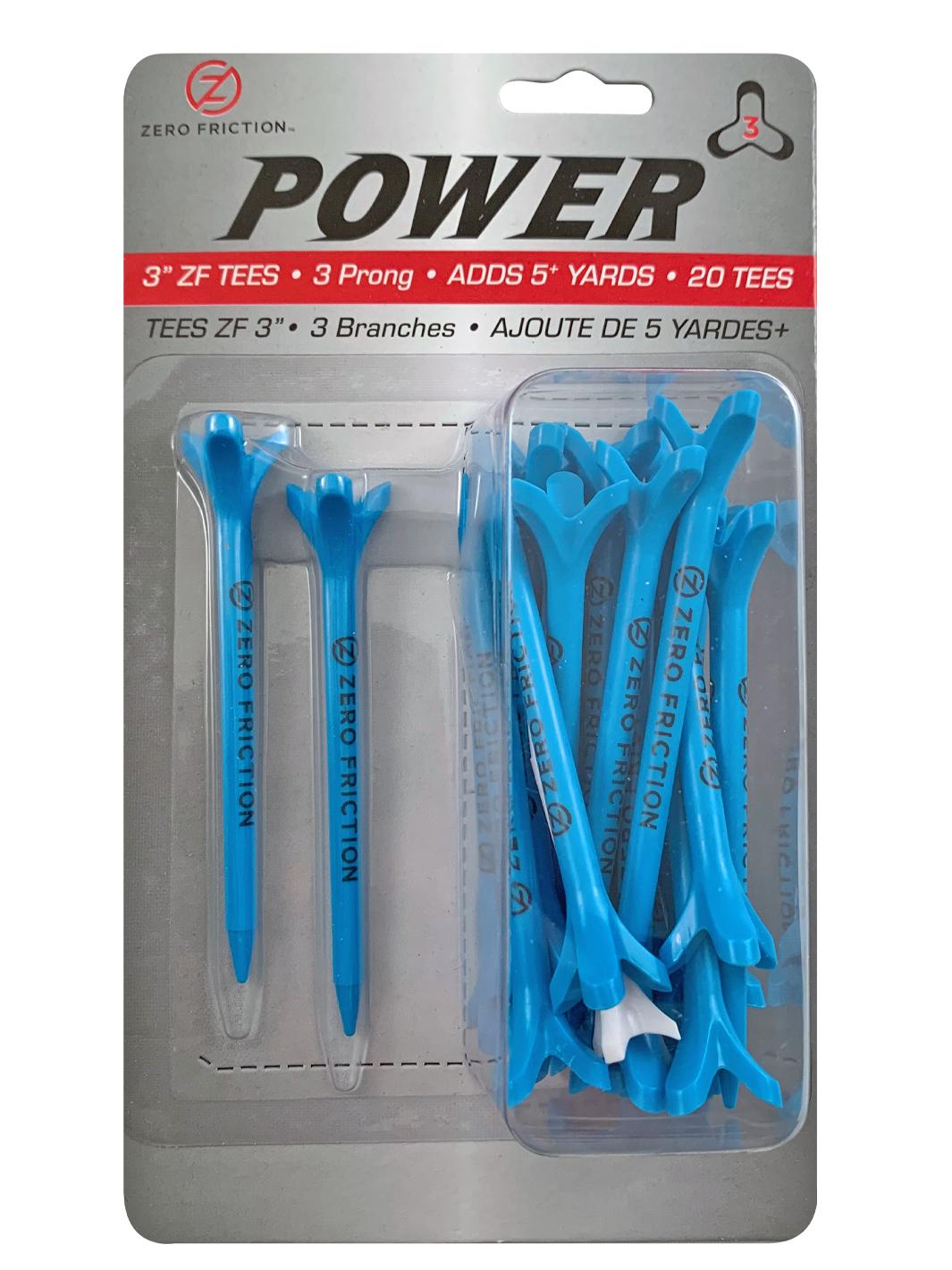 Zero Friction Power3 3-inch blue golf tees in retail packaging with 3-prong design for increased distance