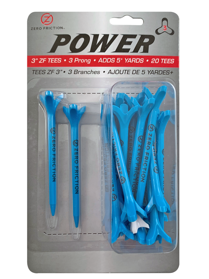 Zero Friction Power3 3-inch blue golf tees in retail packaging with 3-prong design for increased distance