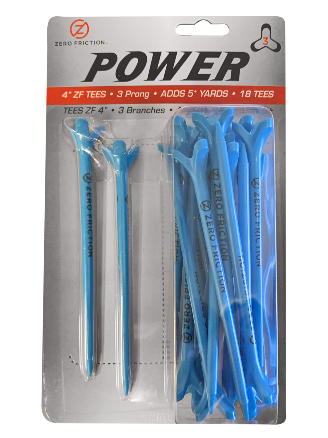 Zero Friction Power3 blue 4-inch 3-prong golf tees in retail packaging for increased distance and accuracy