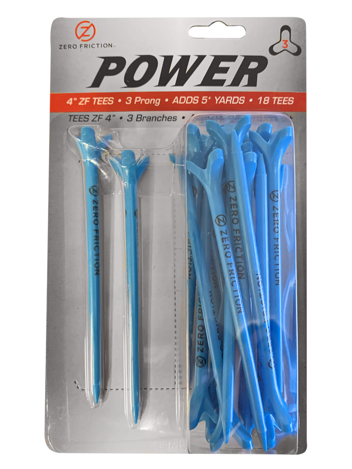 Zero Friction Power3 blue 4-inch 3-prong golf tees in retail packaging for increased distance and accuracy