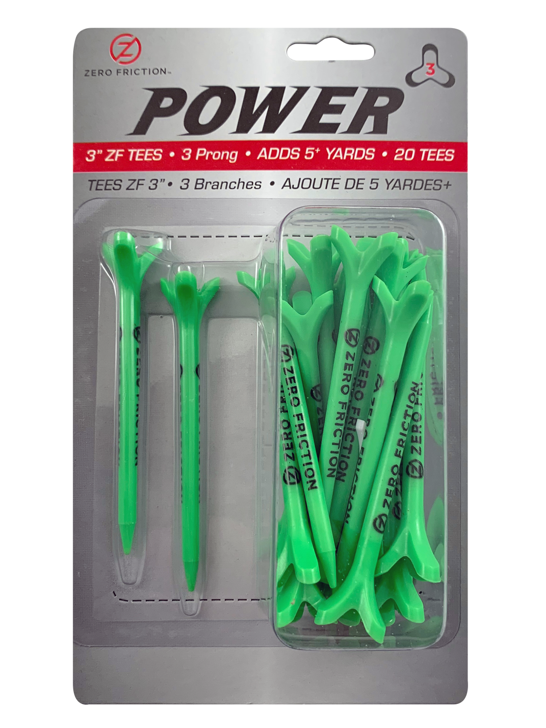 Zero Friction Power3 3-inch neon green golf tees in retail packaging with 3-prong design for distance and accuracy