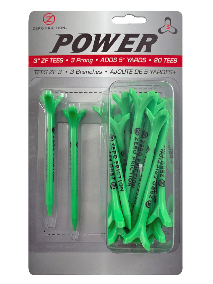 Zero Friction Power3 3-inch neon green golf tees in retail packaging with 3-prong design for distance and accuracy