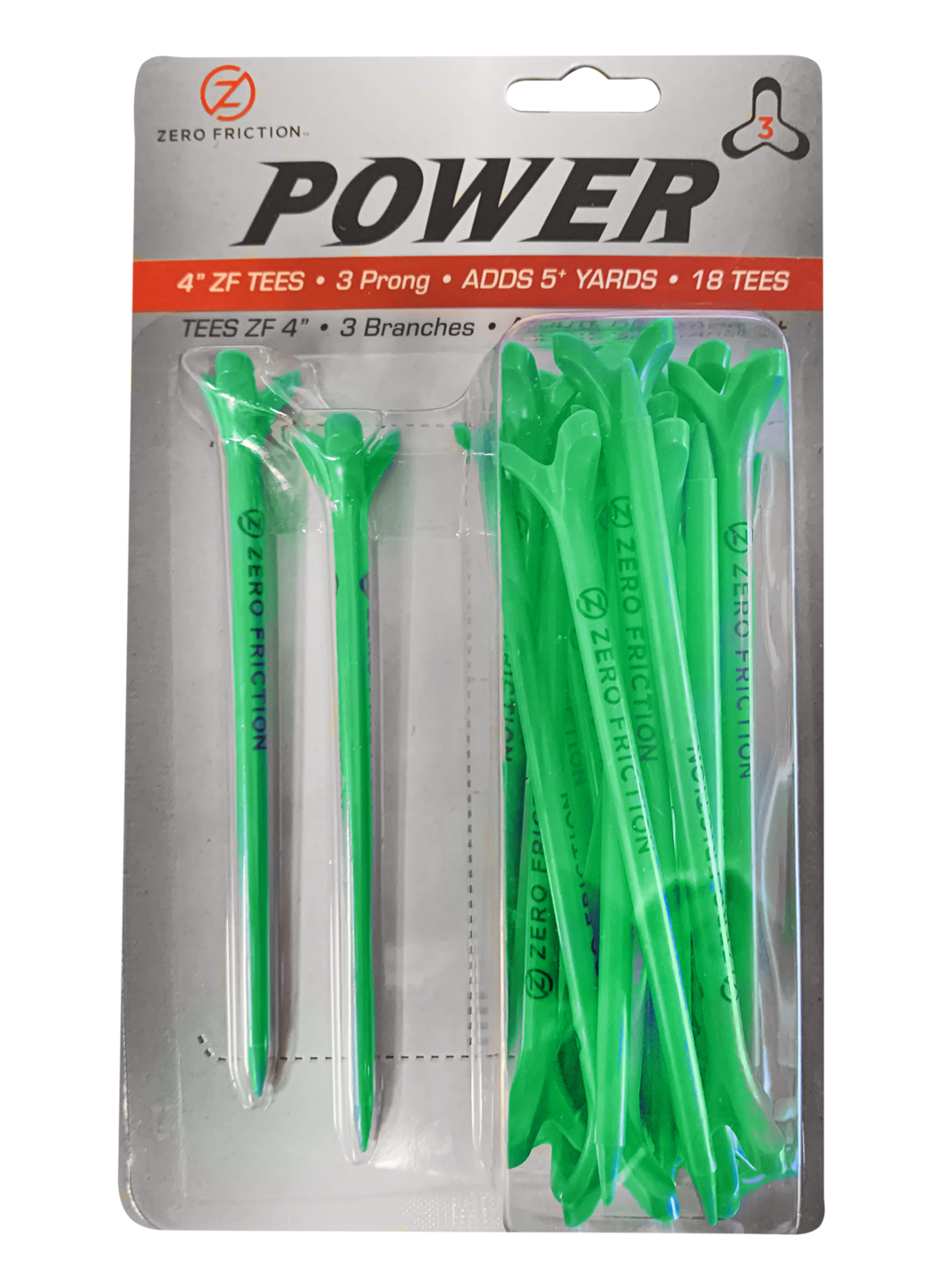 Zero Friction Power3 4-inch green golf tees in retail packaging featuring a 3-prong design for distance and accuracy.