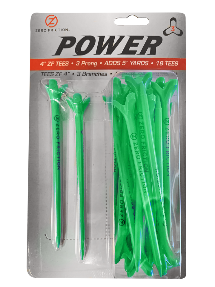 Zero Friction Power3 4-inch green golf tees in retail packaging featuring a 3-prong design for distance and accuracy.