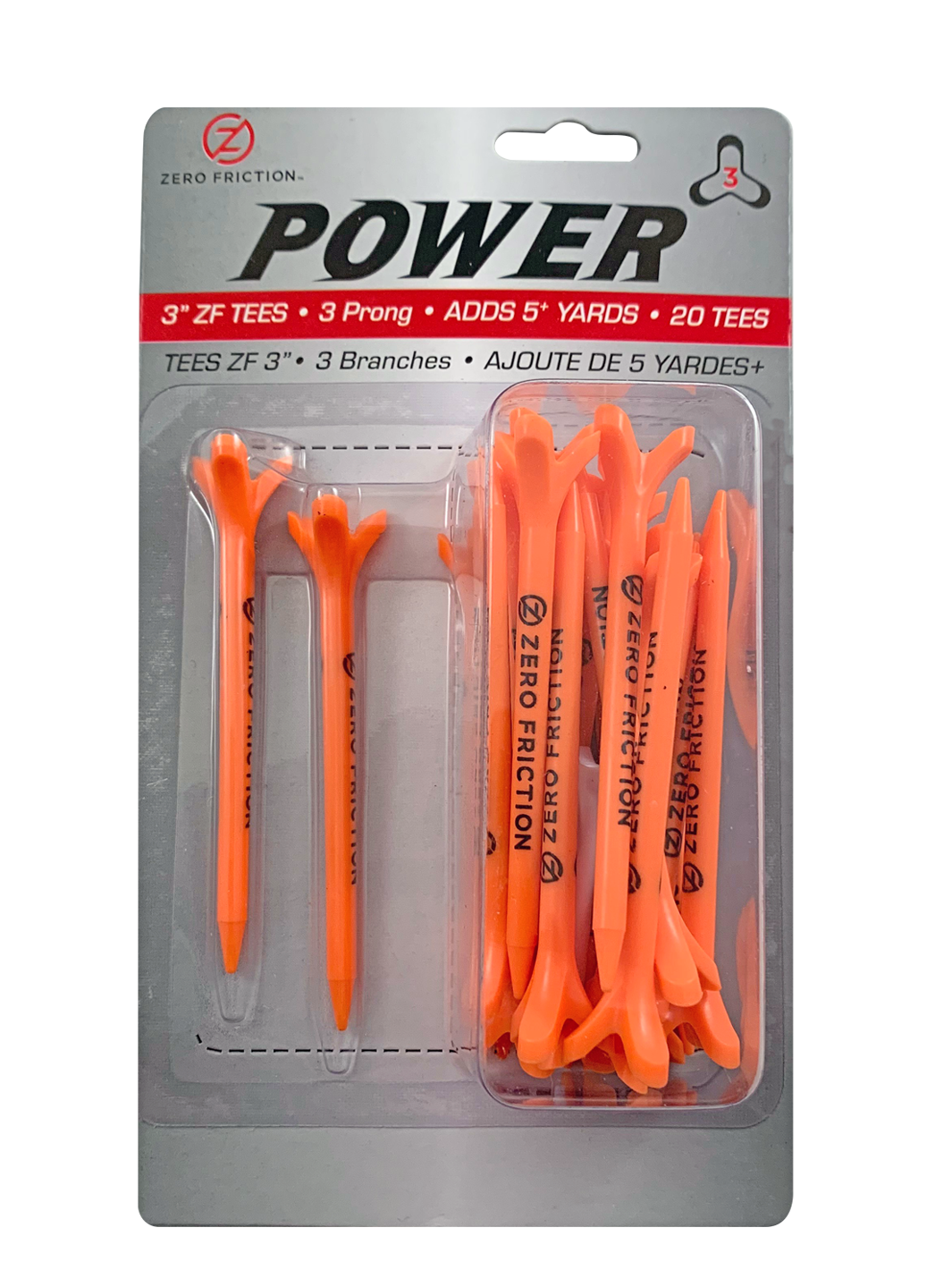 Zero Friction Power3 3-inch orange golf tees in a 20-count blister pack with a 3-prong design for reduced friction.