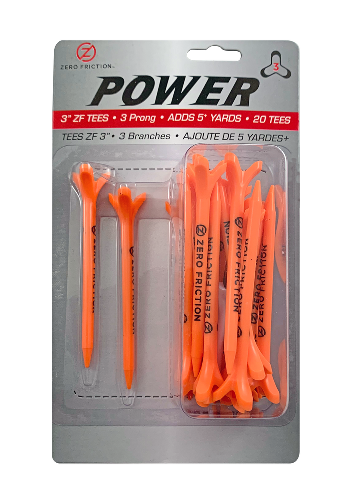 Zero Friction Power3 3-inch orange golf tees in a 20-count blister pack with a 3-prong design for reduced friction.