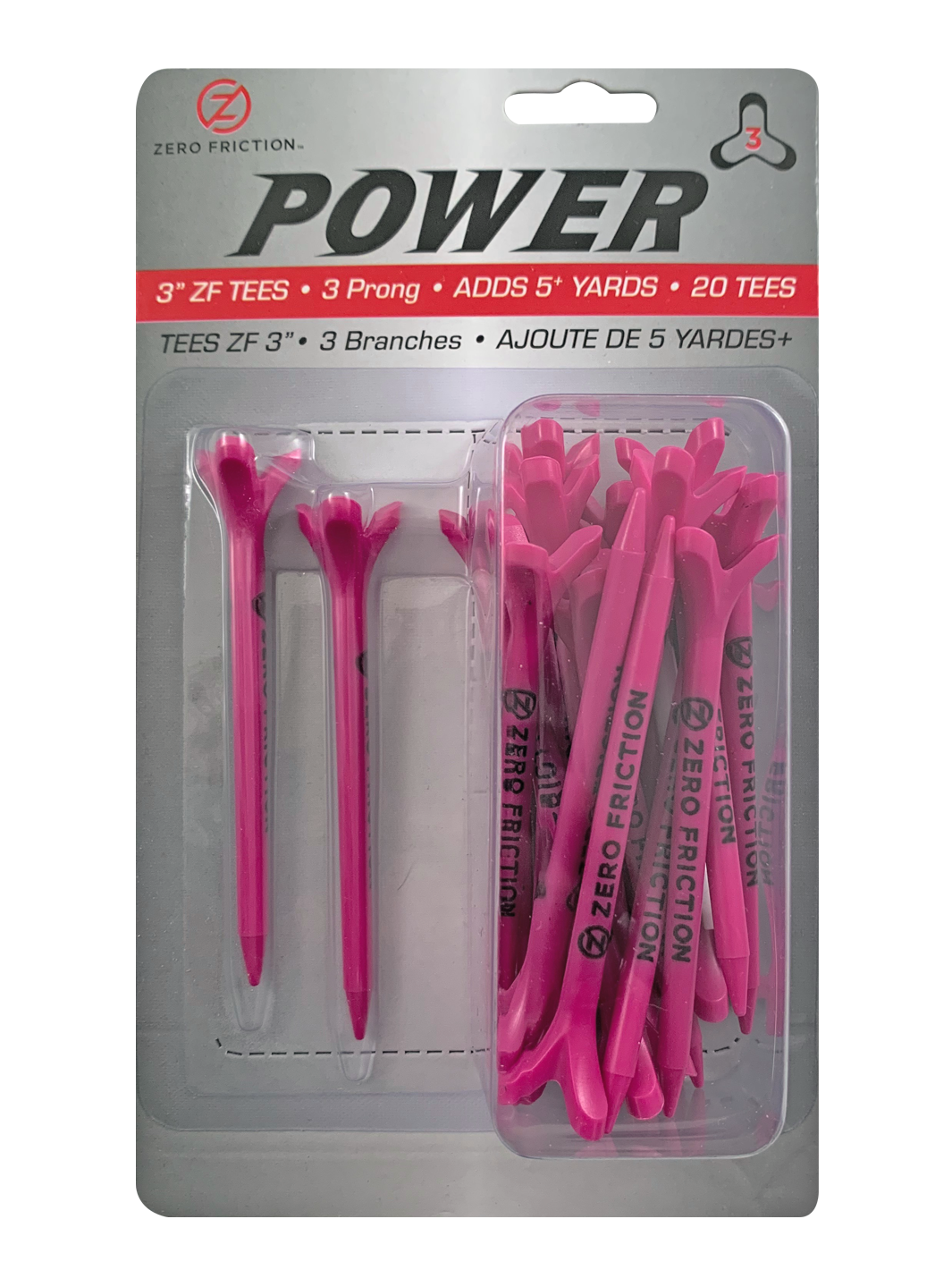 Zero Friction Power3 pink 3-inch golf tees in retail packaging with 3-prong design for reduced friction