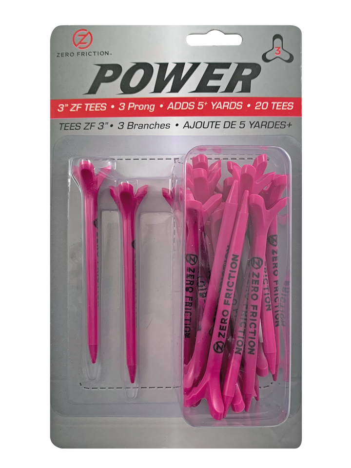 Zero Friction Power3 pink 3-inch golf tees in retail packaging with 3-prong design for reduced friction