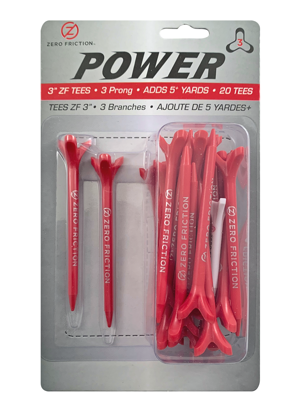 Zero Friction Power3 3-inch red golf tees in blister pack with 3-prong design for increased distance and accuracy
