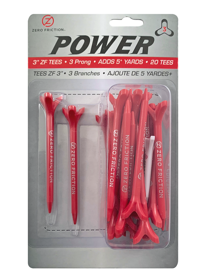 Zero Friction Power3 3-inch red golf tees in blister pack with 3-prong design for increased distance and accuracy
