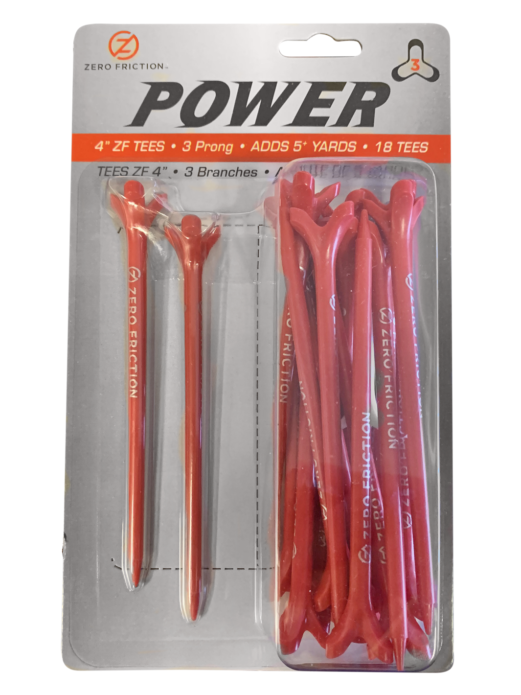 Zero Friction Power3 4-inch red 3-prong golf tees in retail packaging for improved distance and accuracy